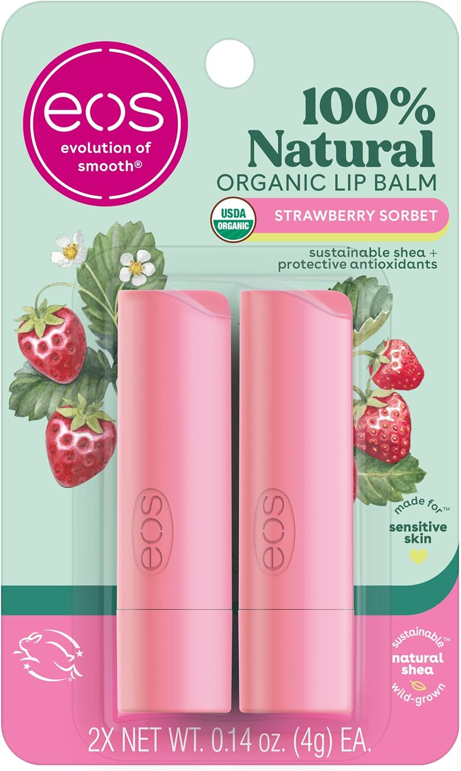 eos USDA Organic Lip Balm Strawberry Sorbet Lip Balm to Moisturise Dry Lips 100% Natural and Gluten Free Long Lasting Hydration 4g Pack of 2