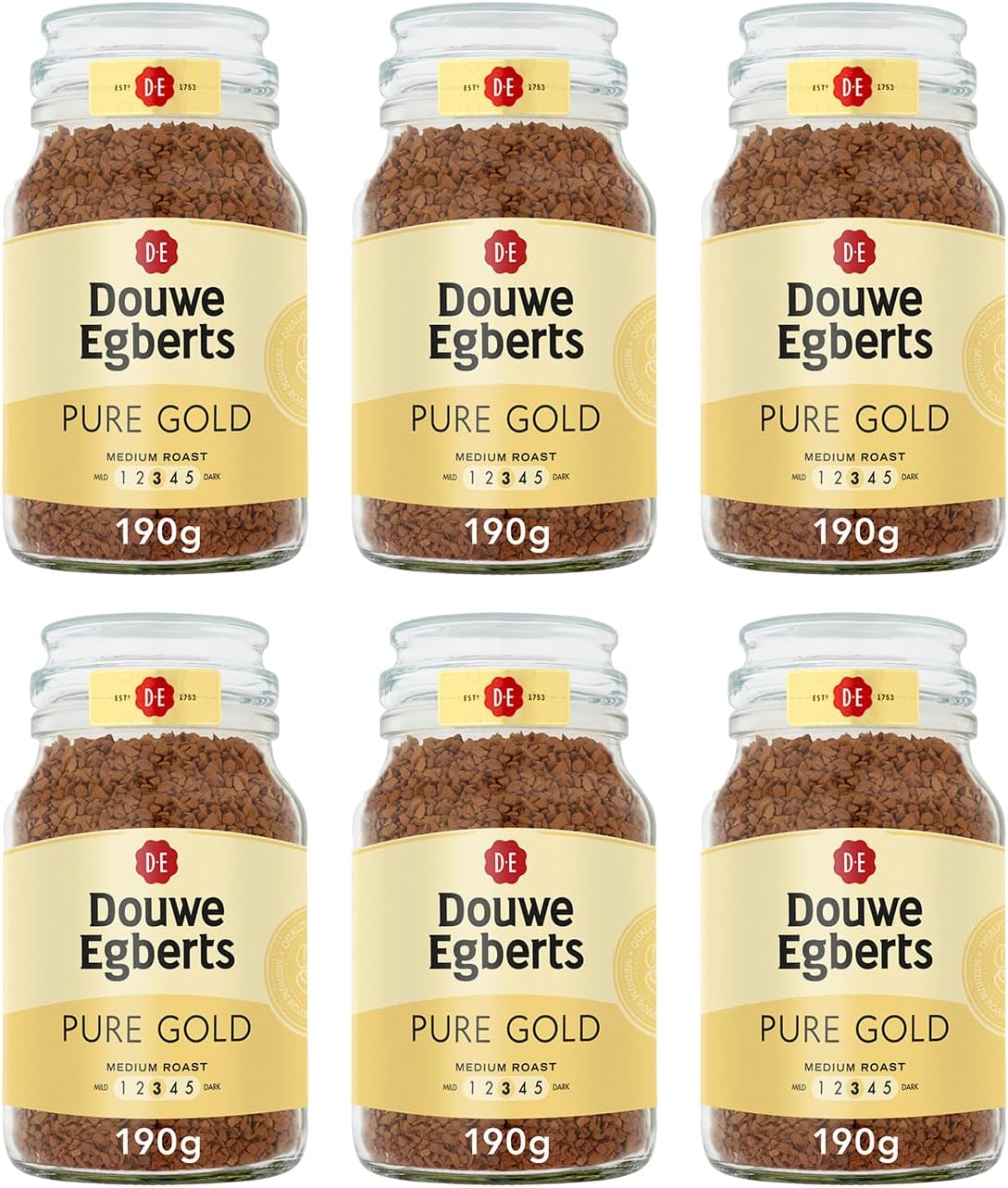 Douwe Egberts Pure Gold Medium Roast Instant Coffee 190g (Pack of 6 Jars, Total 1.14kg)
