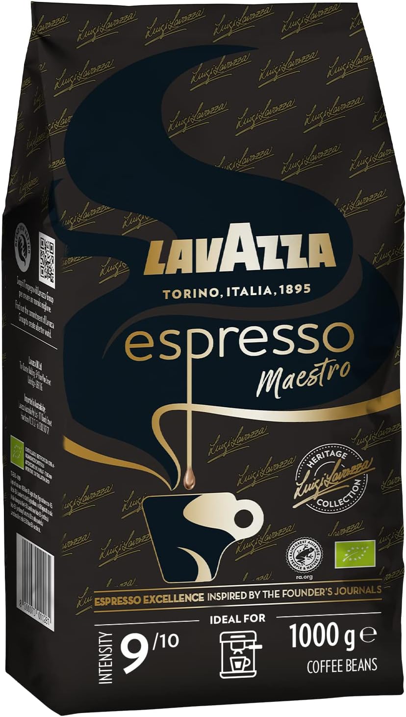 Lavazza, Espresso Maestro, Coffee Beans, Ideal for Espresso Machines, Balanced & Aromatic Taste, Intensity 9/10, Dried Fruit & Chocolate Notes, 100% Organic Arabica & Robusta, Slow & Gentle Roast, 1Kg