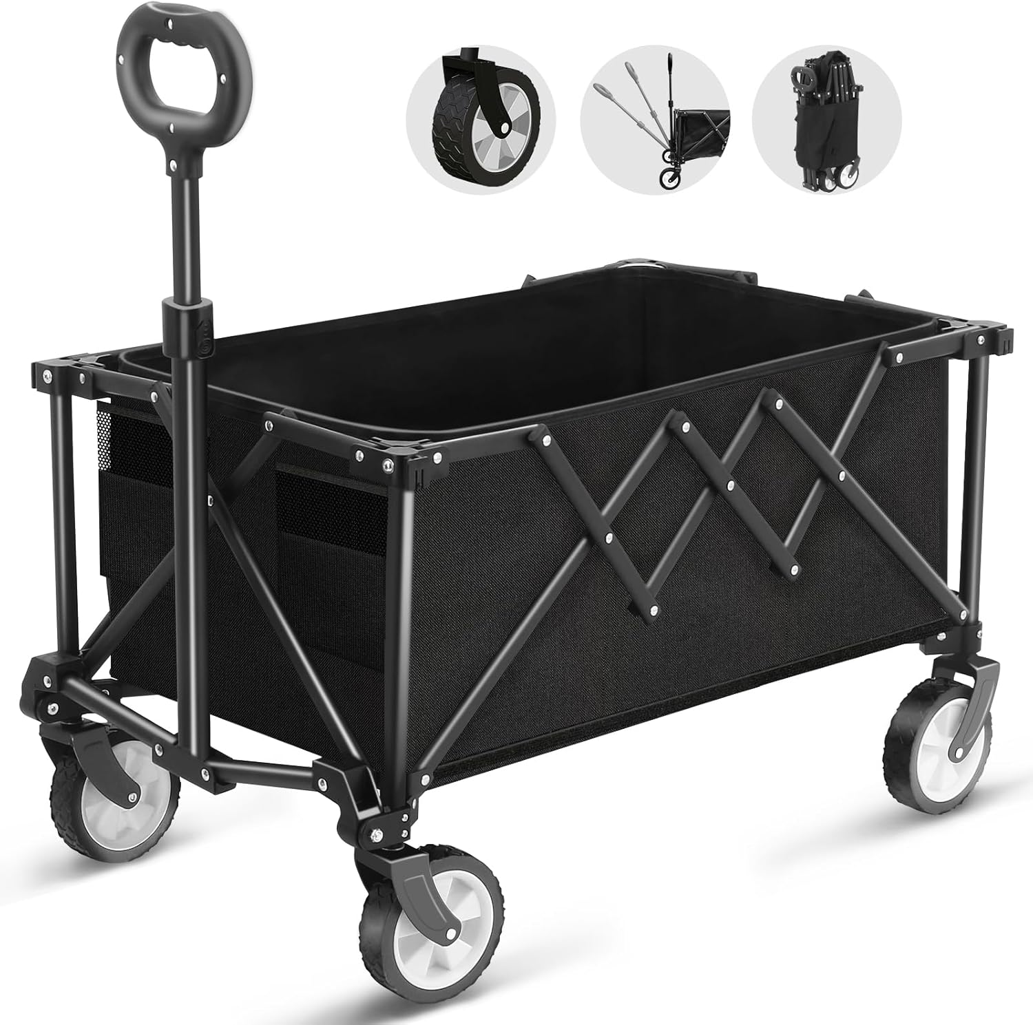 Foldable Cart on Wheels, Folding Wagon 220LBS/100kg Large Capacity All Terrain Wheels with Adjustable Handle & Cover Bag, Picnic Transporter for Holiday Shopping Outdoor Camping Garden Beach (Black)