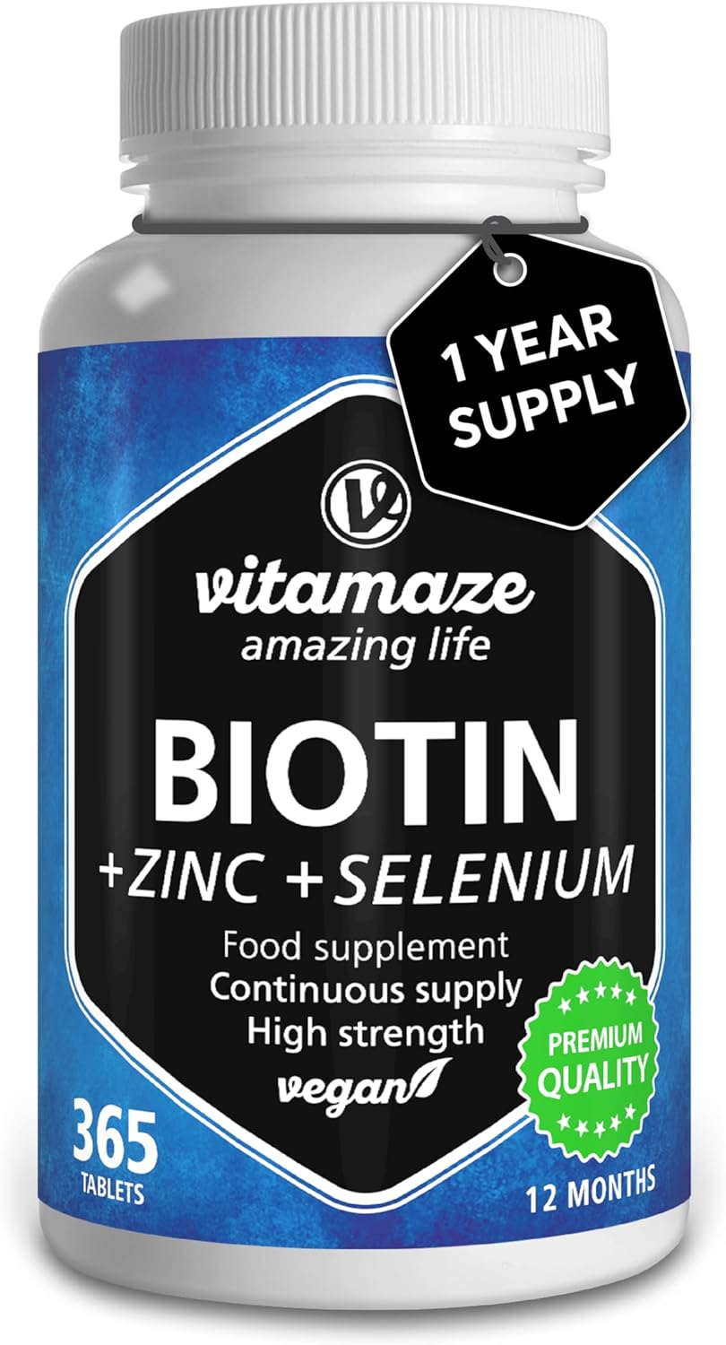 Biotin 10.000 mcg (1year Supply) with Selenium + Zinc, Hair Growth, Skin and Nails Nourishment, 365 Vegan Easy to Swallow Tablets, German Quality, Vitamaze®
