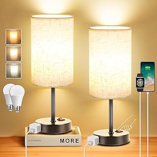 ZJOJO Table Lamp for Bedroom Set of 2, Bedside Small Lamps with 3 Way Dimmable Rocker Switch and AC Outlet, Nightstand Desk Lamp with Flaxen Fabric Shade Black Base for Living Room Home Decor Lights