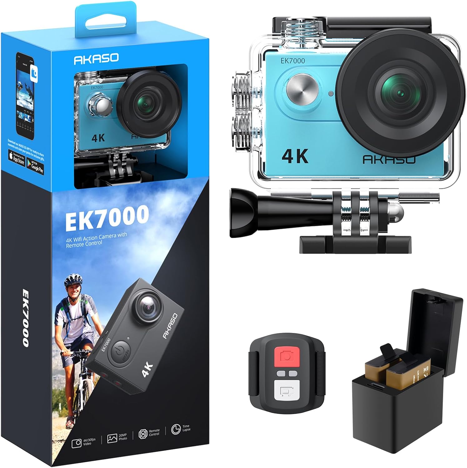 AKASO EK7000 4K30FPS 20MP WiFi Action Camera with EIS Ultra HD Underwater Camera 131FT Waterproof Camera Remote Control 4X Zoom Support External Microphone Blue