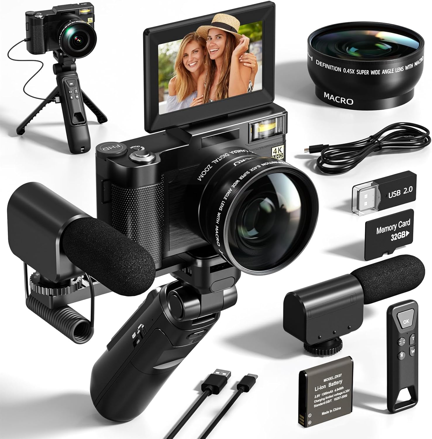 4K Digital Camera with Creator Accessory Kit, 48MP Video/Vlogging Camera for Vloggers, Autofocus Flip Screen Cameras for Photography,Tripod Grip, Wide-Angle & Macro Lens, Mic, Batteries-V01