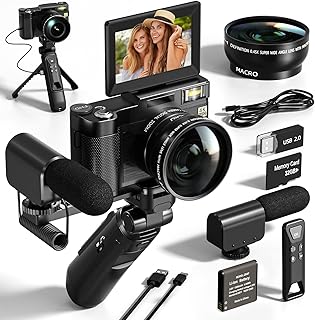 4K Digital Camera with Creator Accessory Kit, 48MP Video/Vlogging Camera for Vloggers, Autofocus Flip Screen Cameras for Photography,Tripod Grip, Wide-Angle & Macro Lens, Mic, Batteries-V01