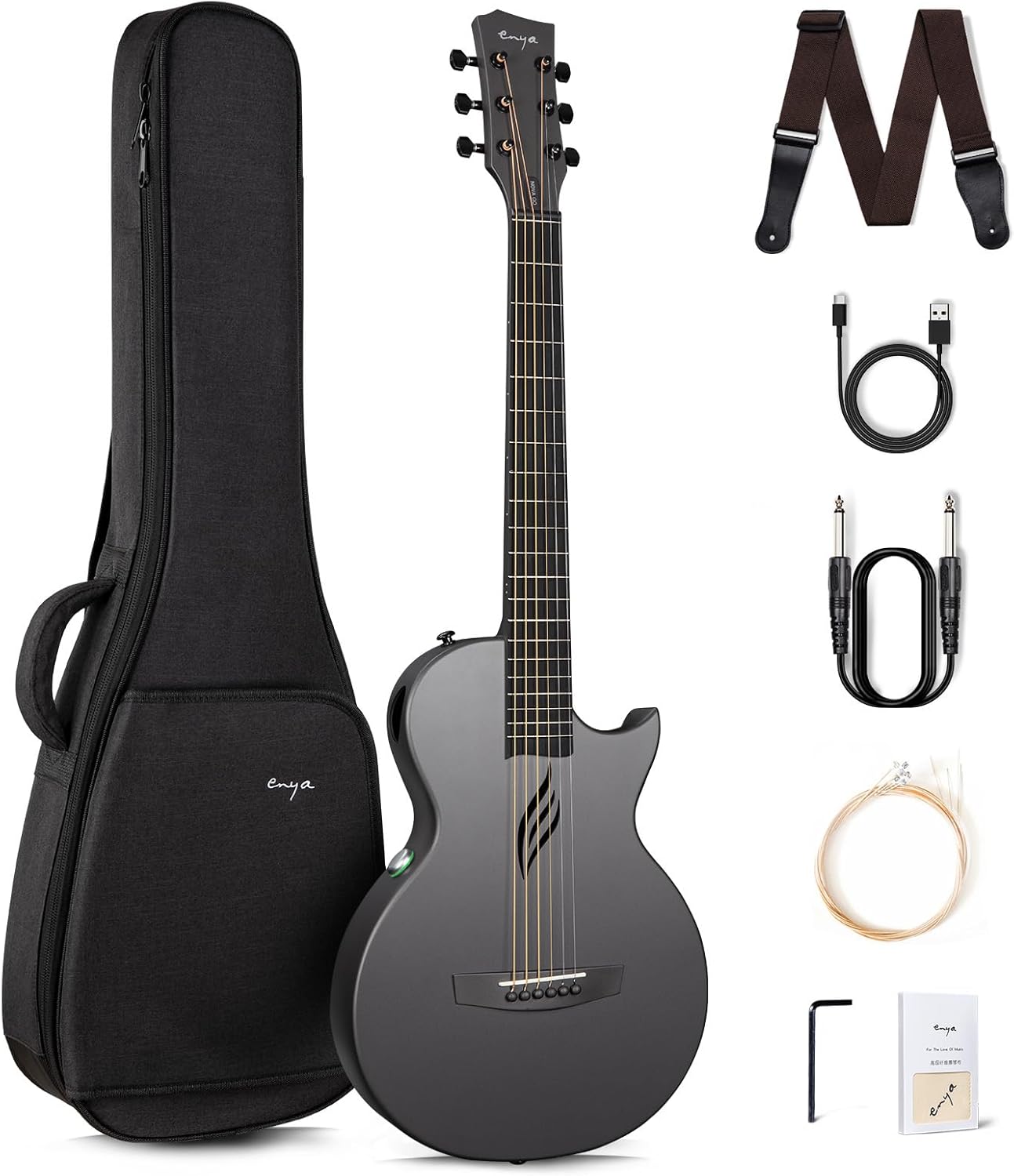 Carbon Fiber Nova Go SP1 Enya Acoustic Electric Guitar 35 Inch Travel with Smart Pickup Built-in Effects & Bluetooth Starter Bundle Kit of Gig Bag, Strap, Strings, Instrument Cable(Black)
