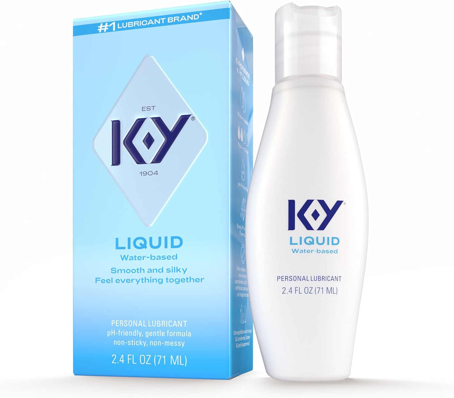 K-Y Liquid Lube, Water-Based Personal Lubricant for Men, Women & Couples, Safe for Anal Use, Safe to Use with Latex Condoms, Body-Friendly Formula, 2.4 FL OZ