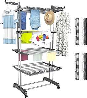5 Tier Clothes Drying Rack Oversized, Foldable& Adjustable Height Rolling Clothes Rack Stainless Steel with 4 Castor, 32 Drying Poles,14 Hook& 4 Sock Clippers, Drying Rack Clothing for Indoor& Outdoor