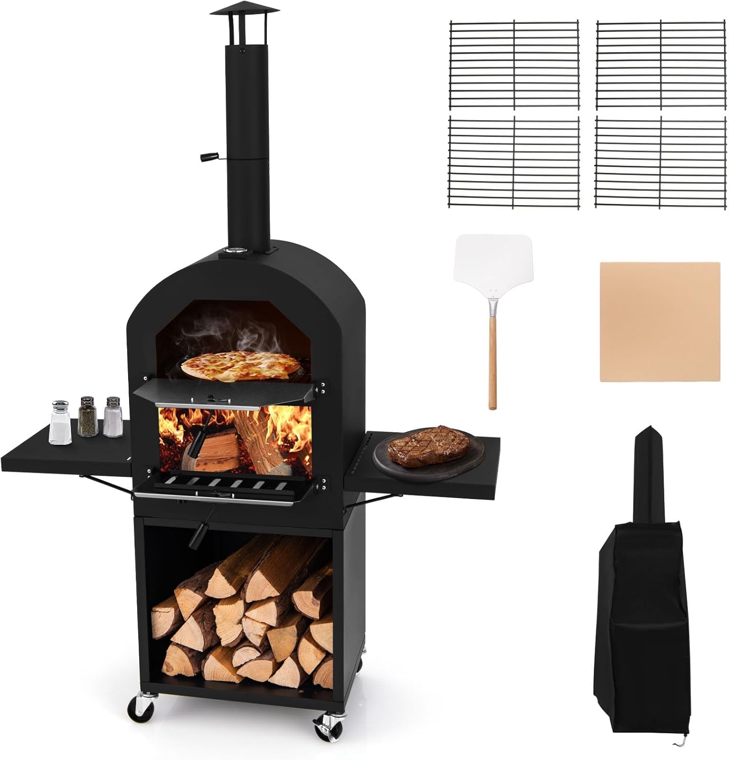TANGZON Outdoor Pizza Oven, Wood-fired Pizza Maker with Waterproof Cover, Built-in Thermometer, Patio Cooking Grill for Camping Backyard BBQ (with Side Storage Shelves, 116 x 44 x 170 cm)