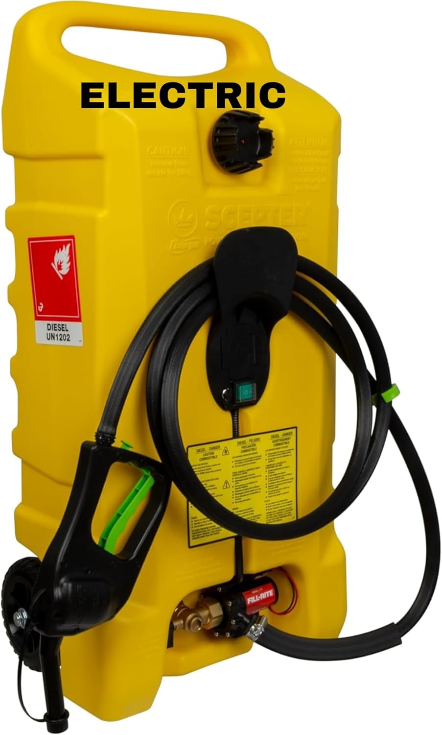 Scepter 14 Gallon Gas Caddy with Electric Fuel Pump, Flo ‘N Go Powered Portable Fuel Tank with Fill-Rite Transfer Pump and 10-Foot Hose for Farm, Marine, Commercial, and Home Use, Diesel, Yellow