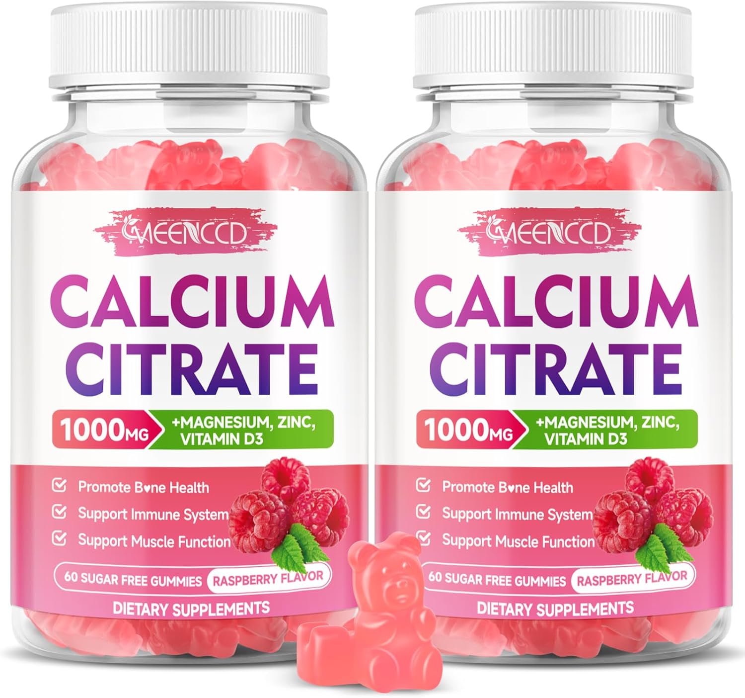 2 Pack Calcium Citrate Gummies 1000mg w/Vitamin D3, High Absorption Calcium Gummies for Women & Men, Plus Magnesium, Potassium, Zinc for Muscle & Immune, Raspberry Flavor, 120 Count