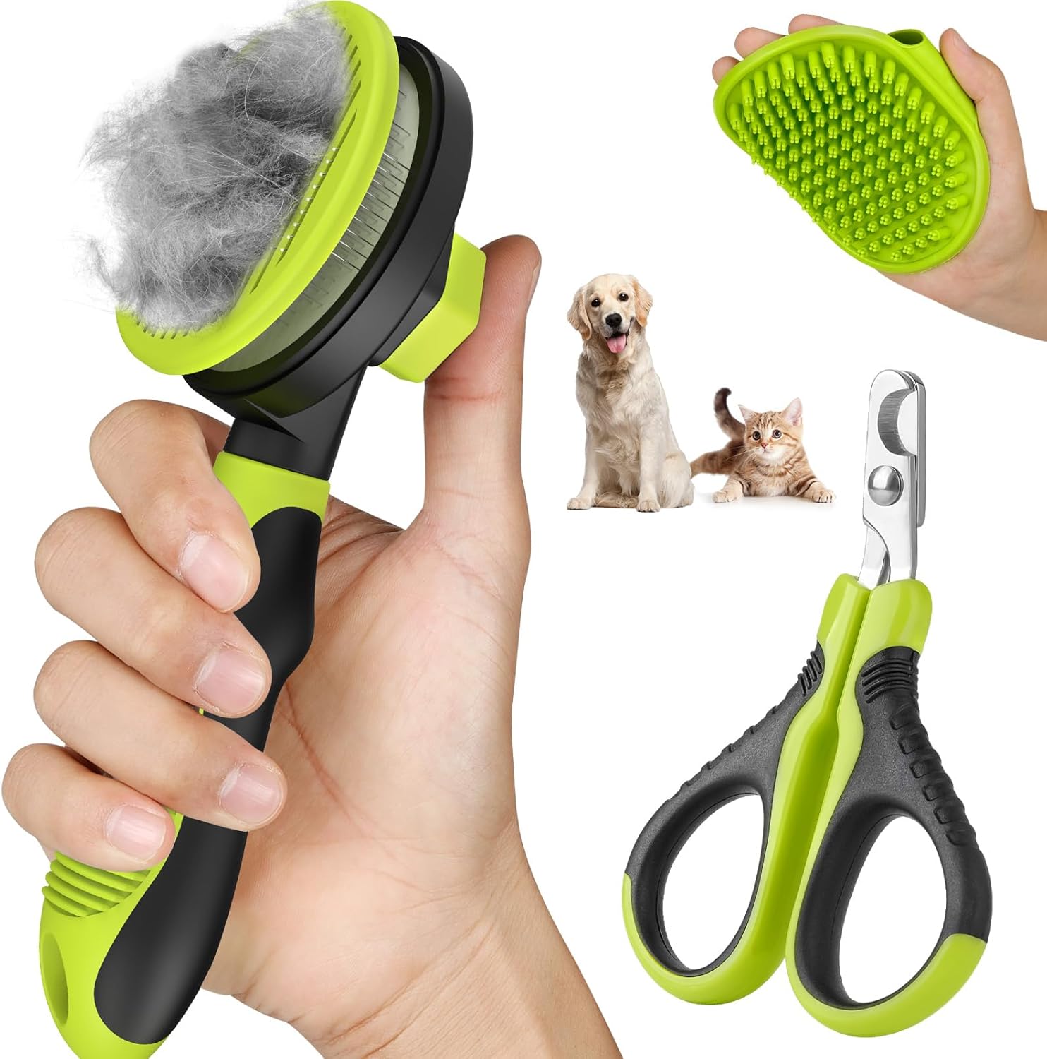 Comotech 3PCS Cat Grooming Kit | Cat Brush | Cat Brushes for indoor Cats | Cat Nail Clipper | Cat Nail Trimmer | Cat Bath Brush | Cat Brush for Shedding - Premium Cat Supplies (Green)