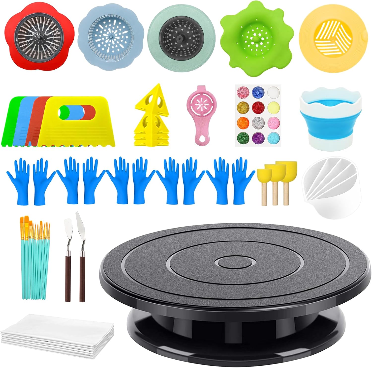 11” Rotate Turnable Sculpting Canvas Spinner Kits Acrylic Pouring Strainers Scraper Cone Painter Support Stands Gloves Foldable Wash Cup Painting Brushes Glitter Tools Pattern Train Art Supplies