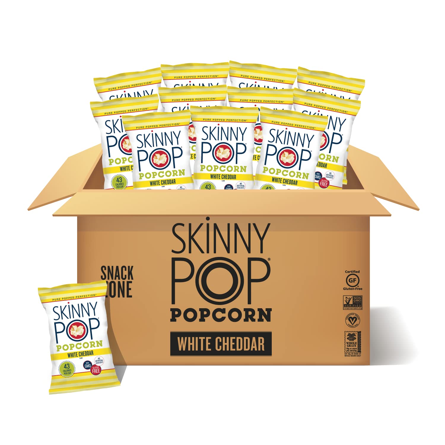 SkinnyPop Popcorn, Gluten Free, Non-GMO, Healthy Snacks, Skinny Pop Dairy Free White Cheddar Popcorn, 1oz Individual Size Snack Bags (12 Count)