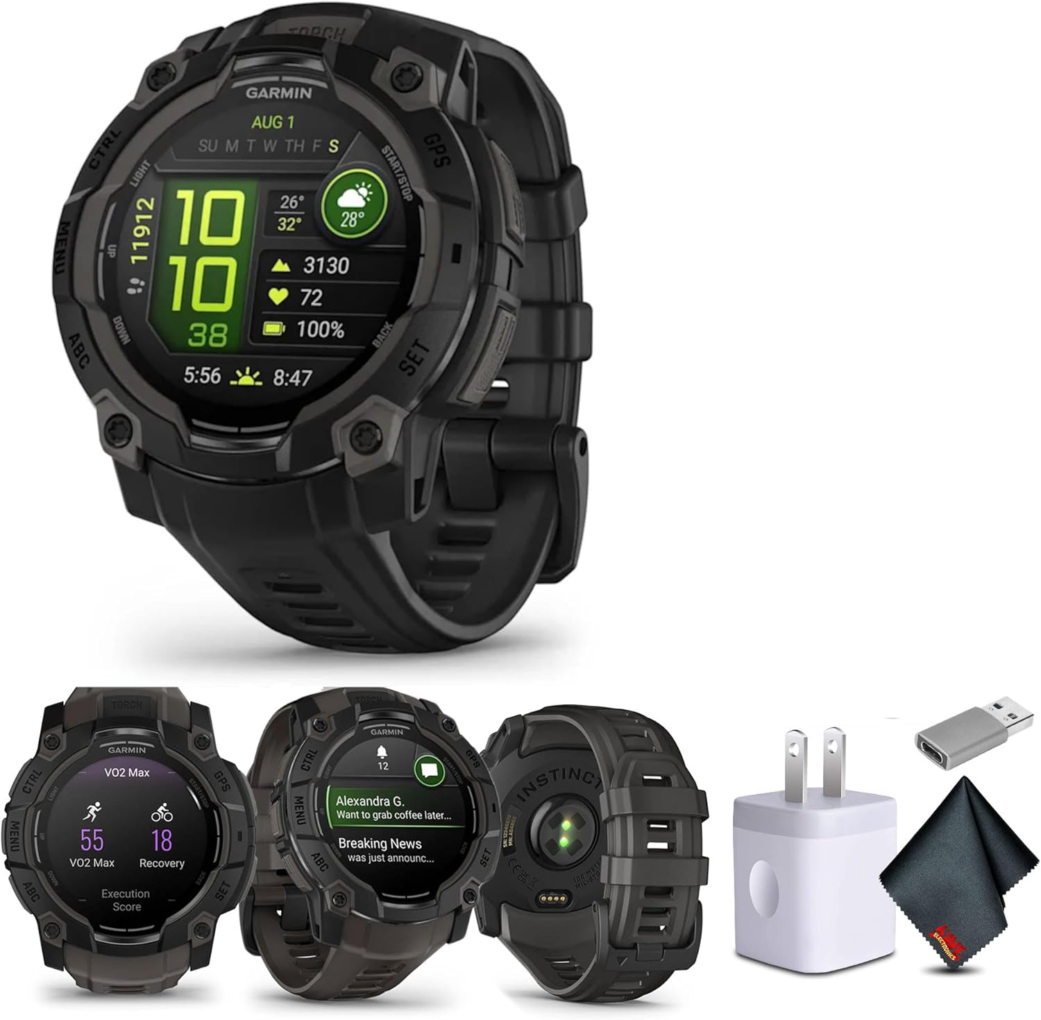 Garmin Instinct 3 45mm, AMOLED, Outdoor GPS Smartwatch, 24/7 Fitness and Tactical Smart Watch, 18 Days of Battery Life, Built-in Flashlight, Black (010-02936-00) Bundle