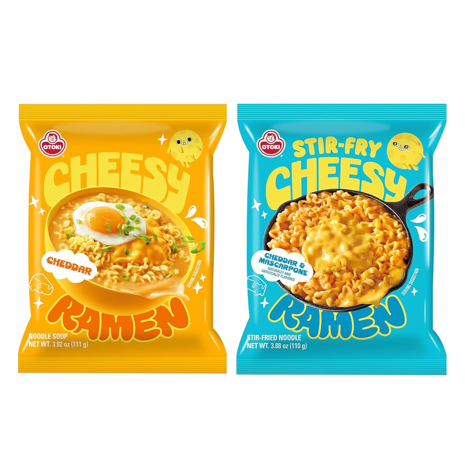 OTOKI Cheesy Ramen Variety Pack, Cheddar Flavor (Non-Spicy Soup Noodles) & Cheddar & Mascarpone Flavor (Stir-Fry Noodles), Korean Instant Ramen, 8 Pack (4+4 Mix with 2 Flavor)