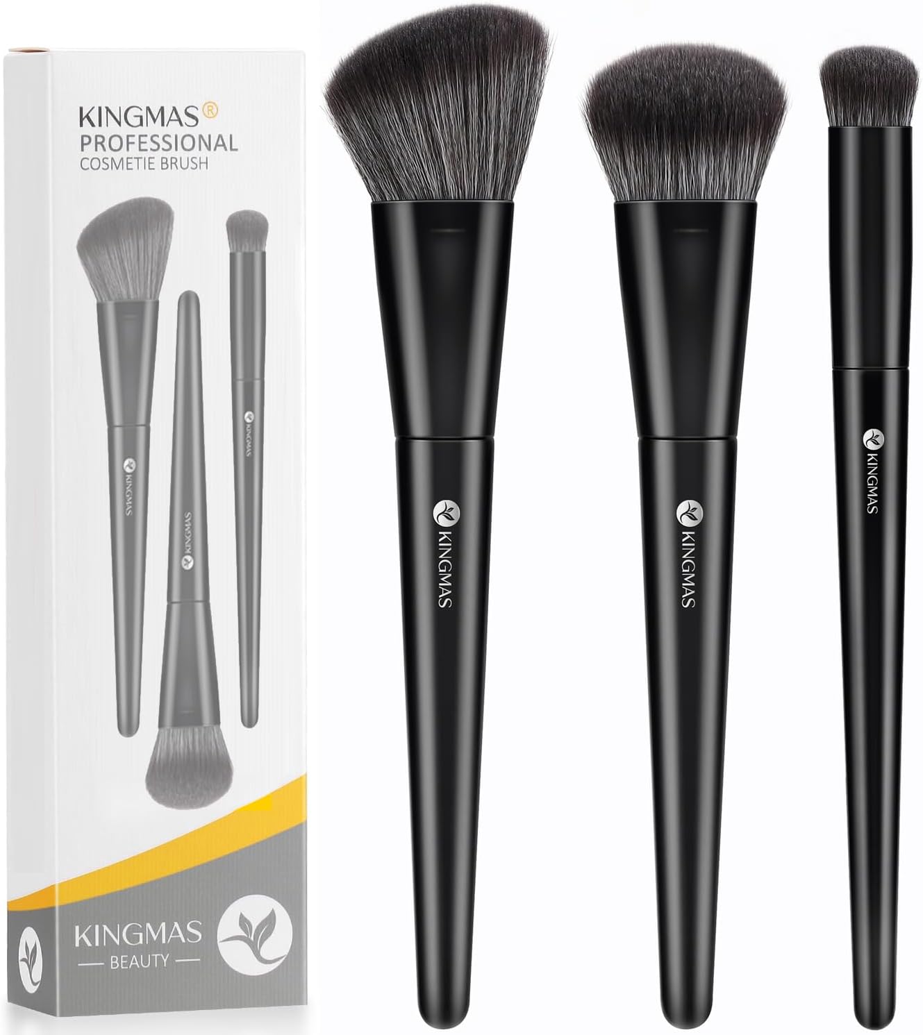 KINGMAS Kabuki Makeup Brushes, 3Pcs Angled Foundation Brush & Contour Concealer Brush Under Eye & Blusher Brush for Face Blush Bronzer Travel Buffing Stippling Contour Liquid Blending Makeup Brush set