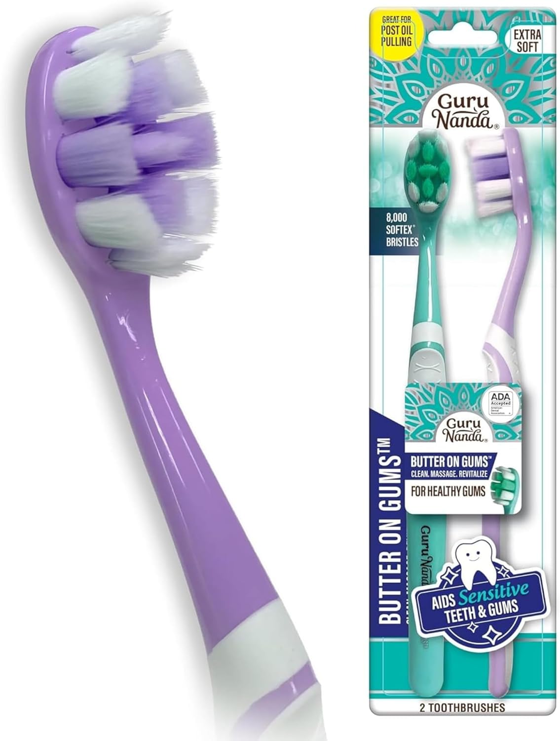 GuruNanda Butter On Gums Toothbrush, ADA Accepted, with 8000+ Ultra Soft Softex Bristles for Sensitive & Receding Gums, Perfect for Whiter Teeth, 2 Ct