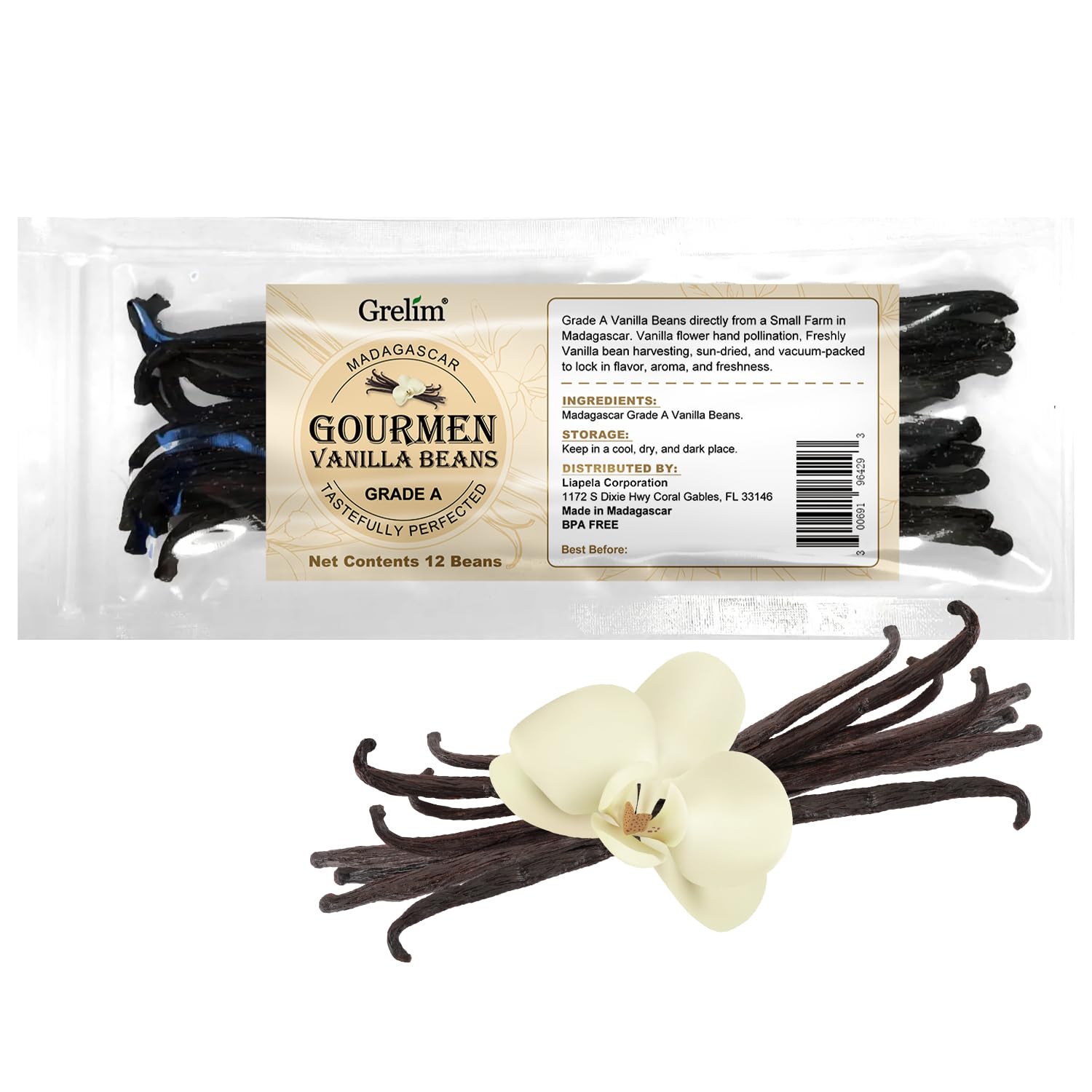 GRELIM 12 Madagascar Vanilla Beans New Season Grade A Whole Vanilla Pods Great for Vanilla Extract and Baking