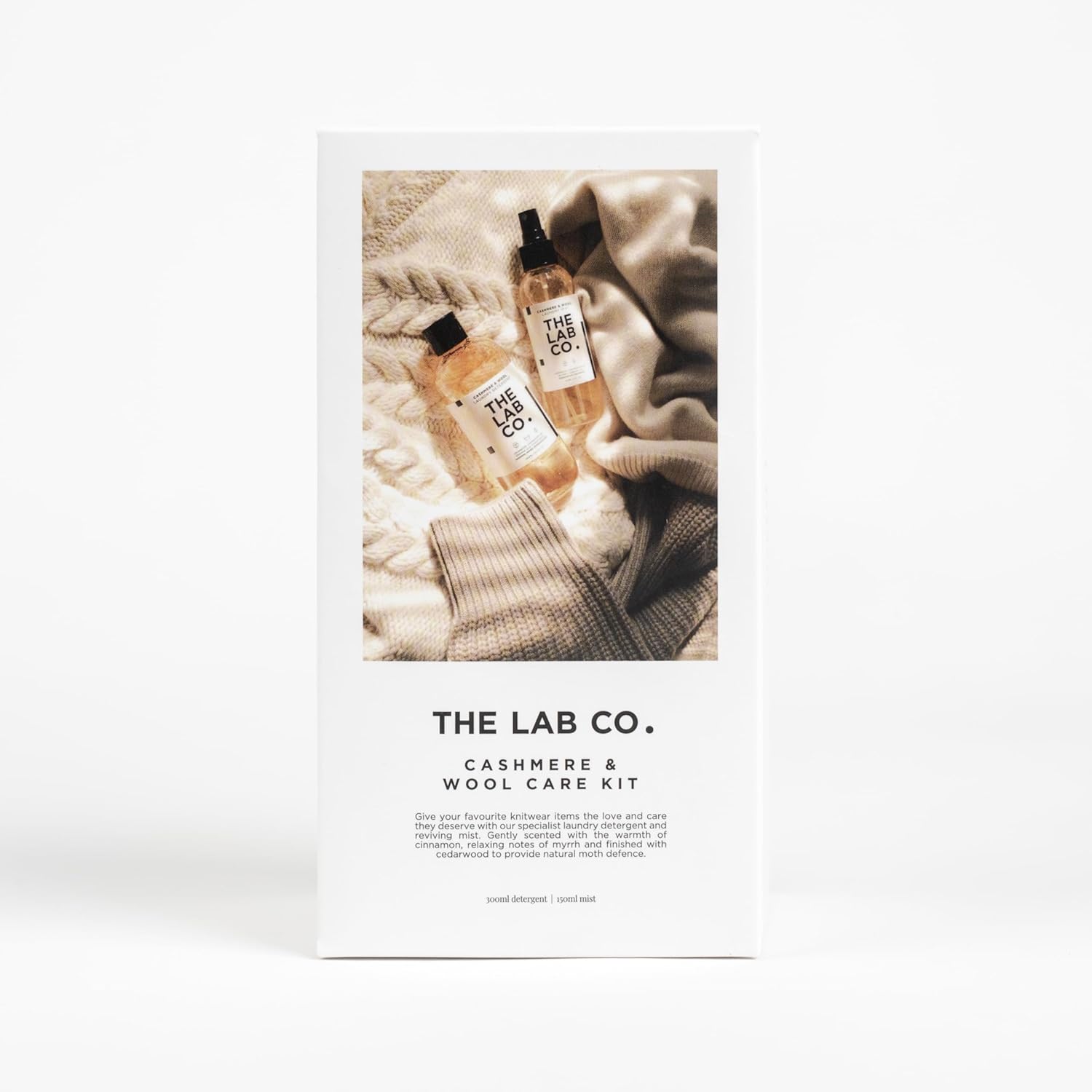 The Lab Co. Cashmere & Wool Care Kit. Non-Bio Laundry Detergent Wash 300ml and Fabric Freshener Mist 150ml for woollens, merino and mohair. Myrrh, Cinnamon and Cedarwood