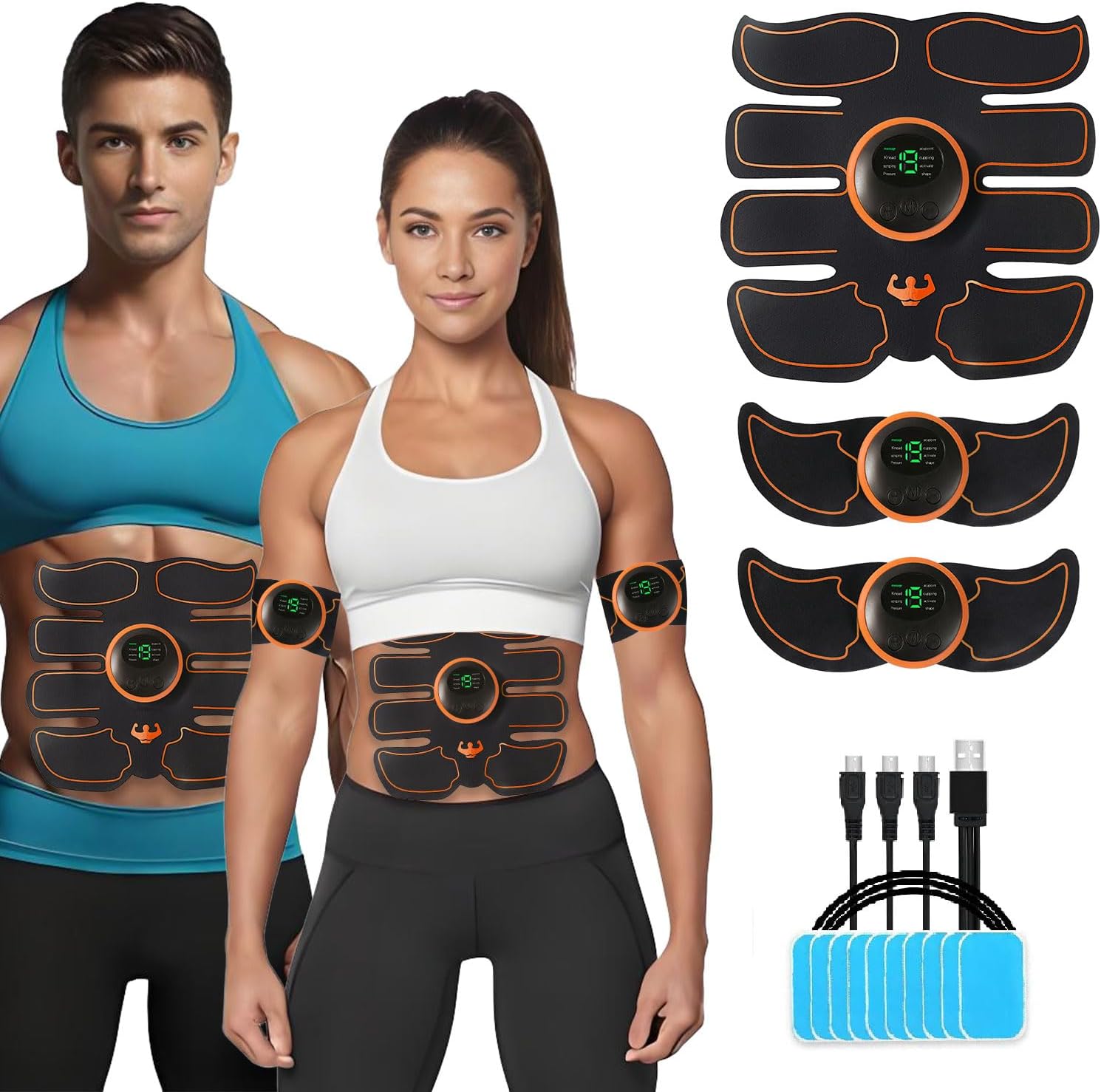 SHENGMI EMS Muscle Stimulator,ABS Trainer Muscle Stimulator,ABS Stimulator with 8 Modes,19 Intensities,3 Machines,3 Patches,12 Gel,For Abdominal/Arm/Leg Training
