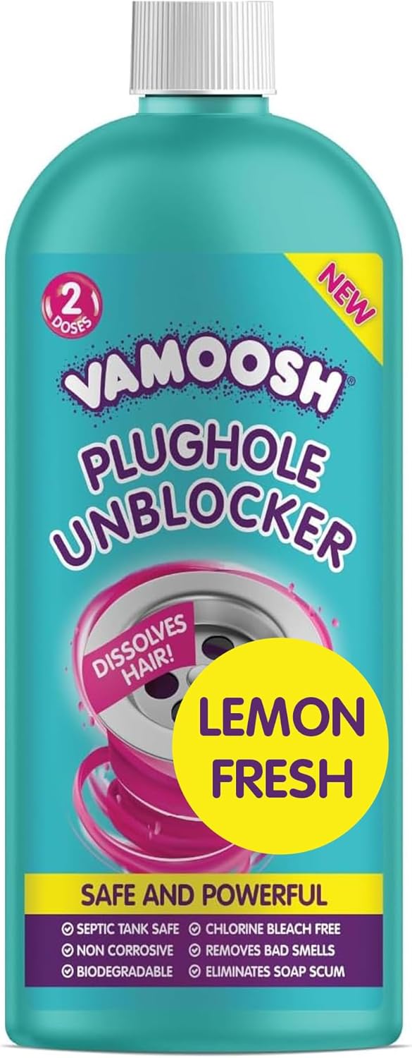 Vamoosh Plughole Unblocker, Drain Unblocker Bathroom - Dissolves Hair, Bleach-Free Bathroom Sink Unclogger, Septic Tank Safe, Fast Acting, Safe & Powerful - 2 Doses (600ml)