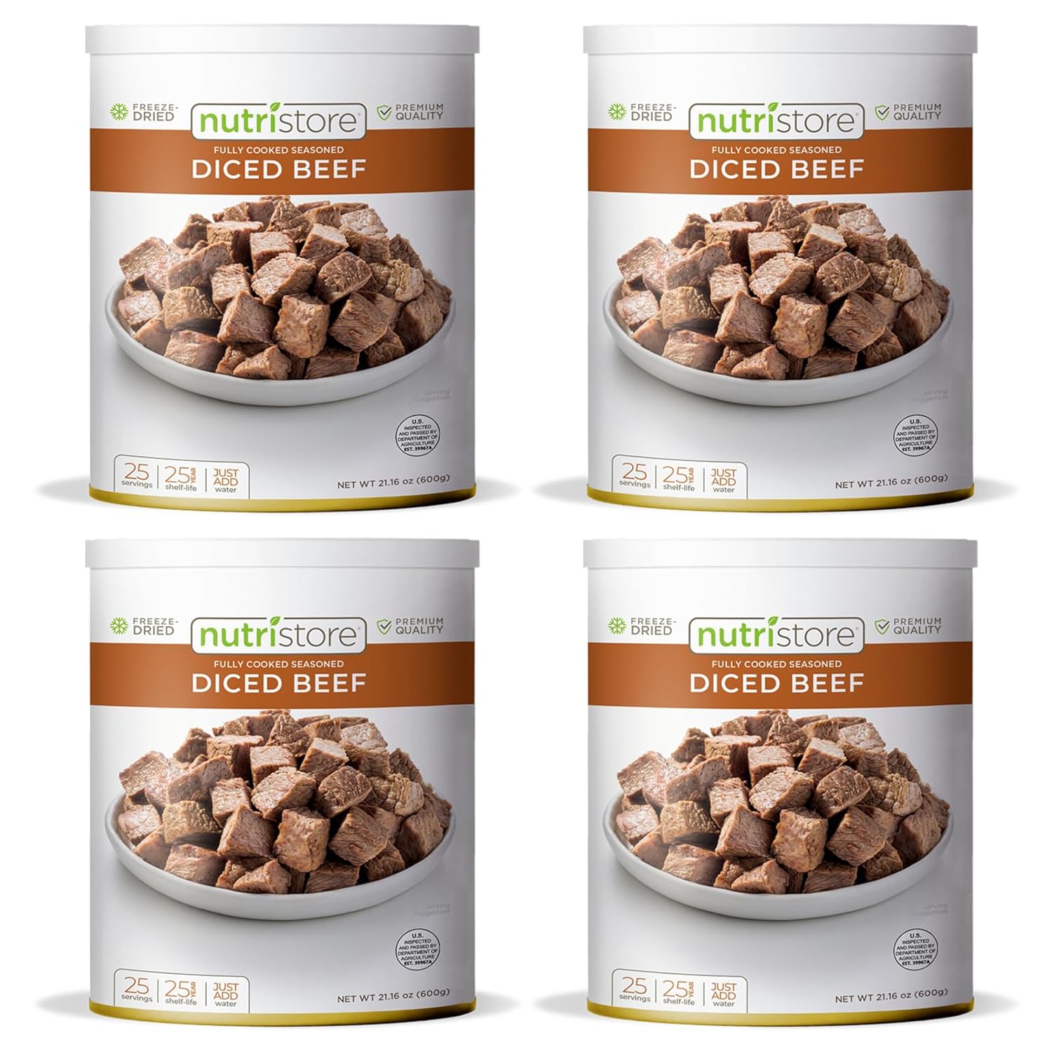 Nutristore Freeze-Dried Beef Dices | Premium Emergency Survival Food | Long Shelf Life | Protein-Rich Prepper Pantry Staple | Beef, Chicken, Sausage, and More | Bulk Food Storage, 4-Pack