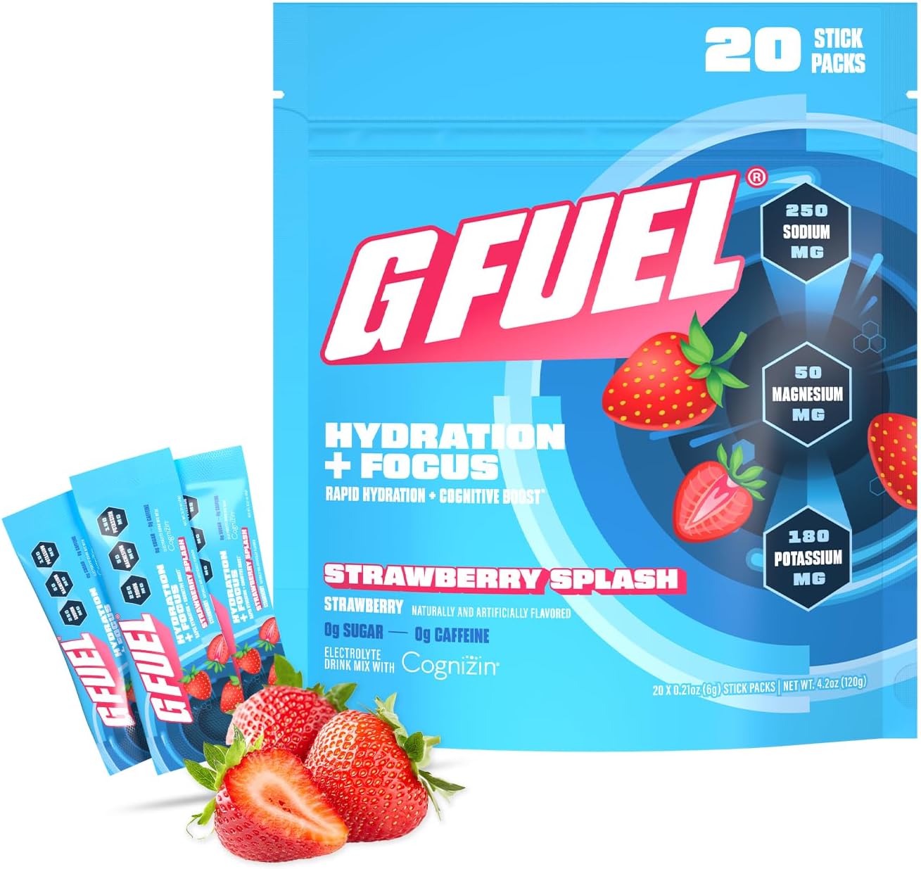 G Fuel Electrolytes Powder for Instant Hydration and Focus | Sugar Free, Strawberry Flavor, Electrolyte and Nootropic Drink Mix to Sharpen Mental Focus, 20 Servings
