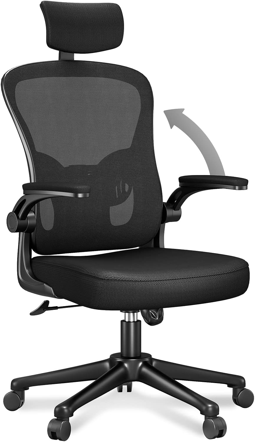 naspaluro Office Desk Chair with Flip-Up Armrest High Back Ergonomic Computer Chair with Adjustable Headrest and Lumbar Support Executive Swivel Chair for Home and Office - Black