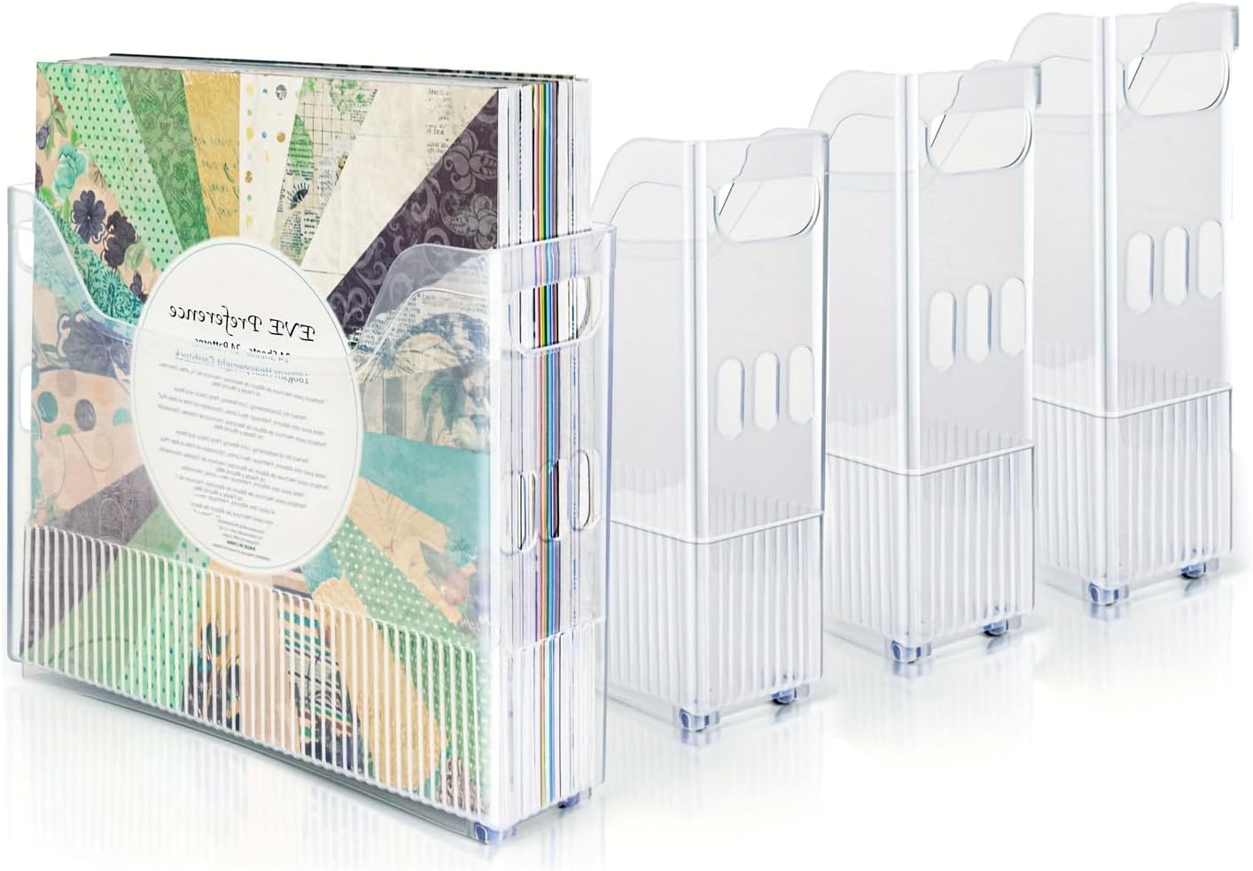 Cobenga 4 Pcs Scrapbook Paper Storage with Wheels, Plastic Portable Scrapbook Storage Bin for 12" x 12" Paper, Portable File Organizer with Built-in Handle, Functional Magazine Holder Paper Rack