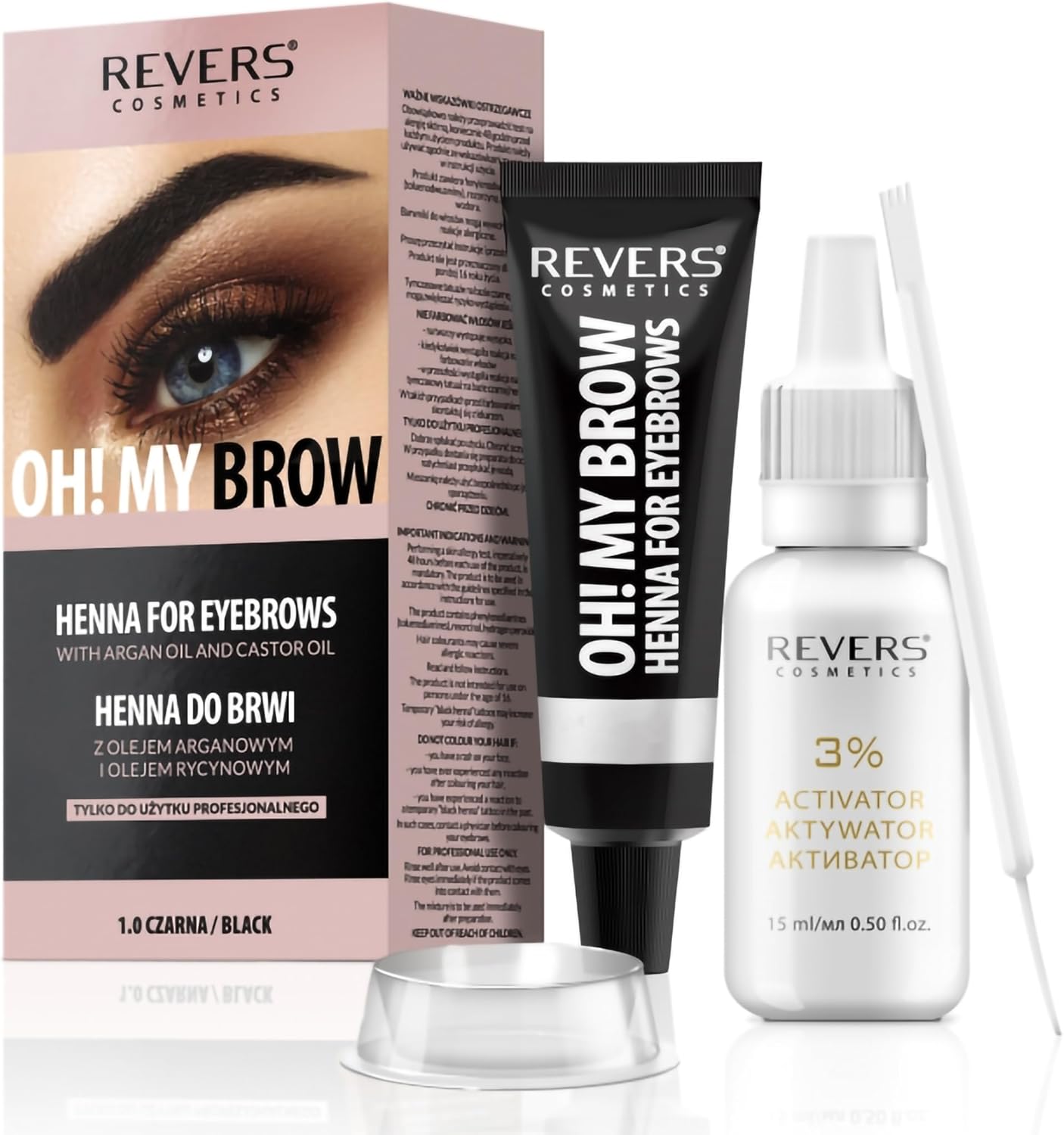 REVERS COSMETICS Eyebrow Dye Kit Black Ammonia Free, Brow Tint with Argan Oil and Castor Oil, Salon Quality, Natural Result, Lasts Up to 4 Weeks, Up to 15 Applications