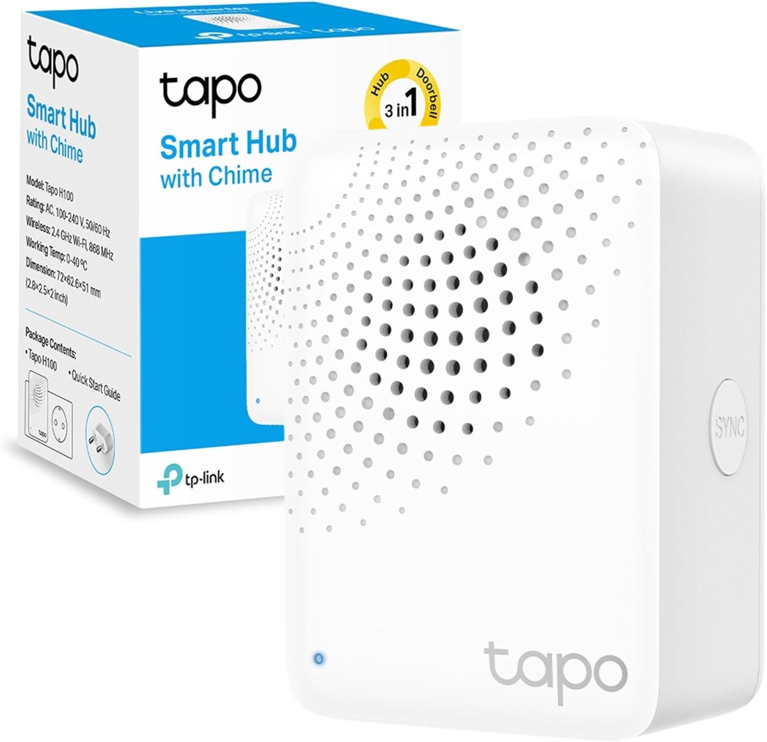 Tapo H100 SmartHub with Chime, Work with TapoSmart Switch, Button and Sensor,Whole-Home Coverage,Connect Up to 64Devices,19 Ringtones,Energy-Efficient,Wireless, Quick and Easy Setup,Packaging may vary