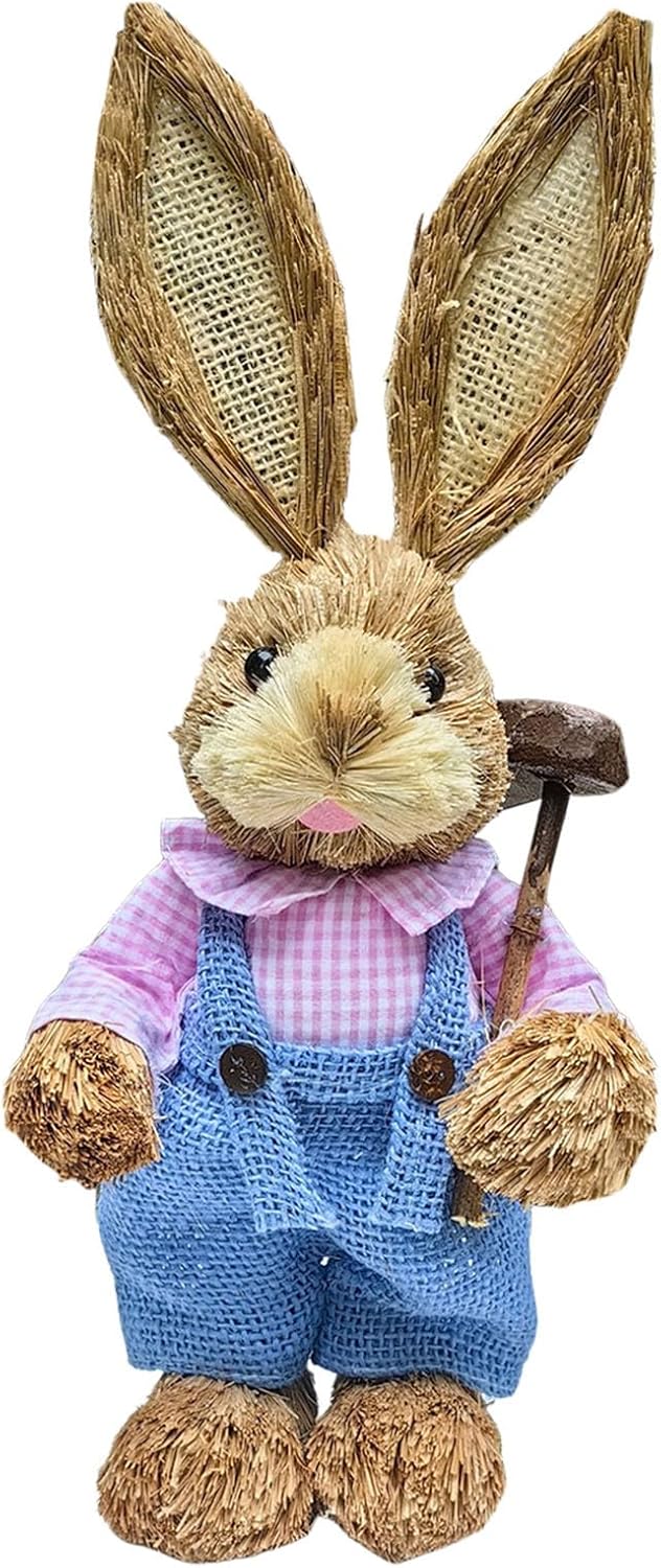 Sbyhbhyds Easter Woven Bunny Figurine Decorations 35cm,Straw Standing Rabbit for Table Home Spring Indoor Outdoor Farmhouse Garden Decor,Handmade Craft Holding Carrot Flower Egg Artificial Statues