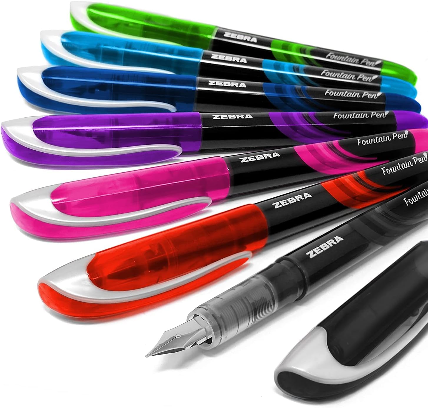 Zebra Fuente - Disposable Fountain Pen - One of Each Coloured Ink - Pack of 7