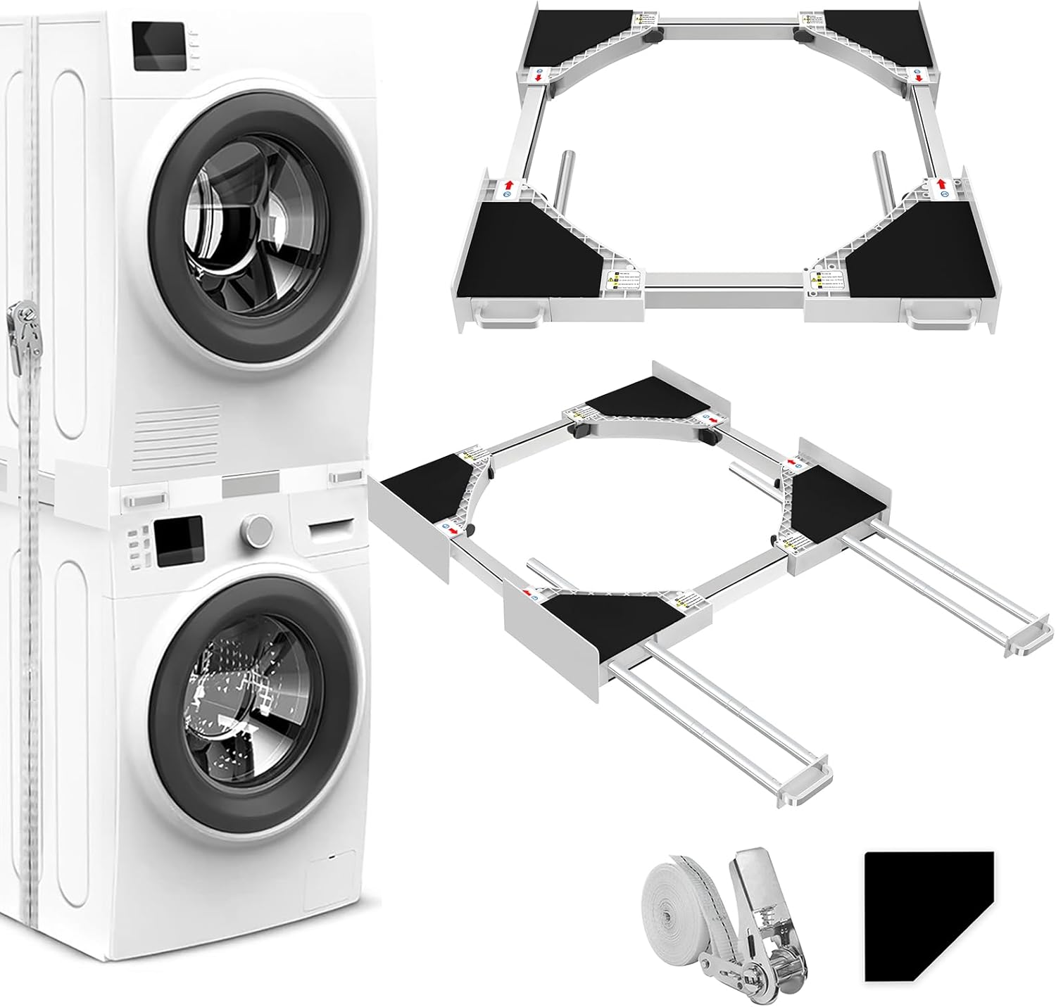 NIUXX Universal Stacking Kit for Washing Machine and Dryer, Adjustable Stacking Shelf Kit for 46-66 cm Washer Dryer, Intermediate Frame with Ratchet Ropes and Drying Rod, Space-Saving
