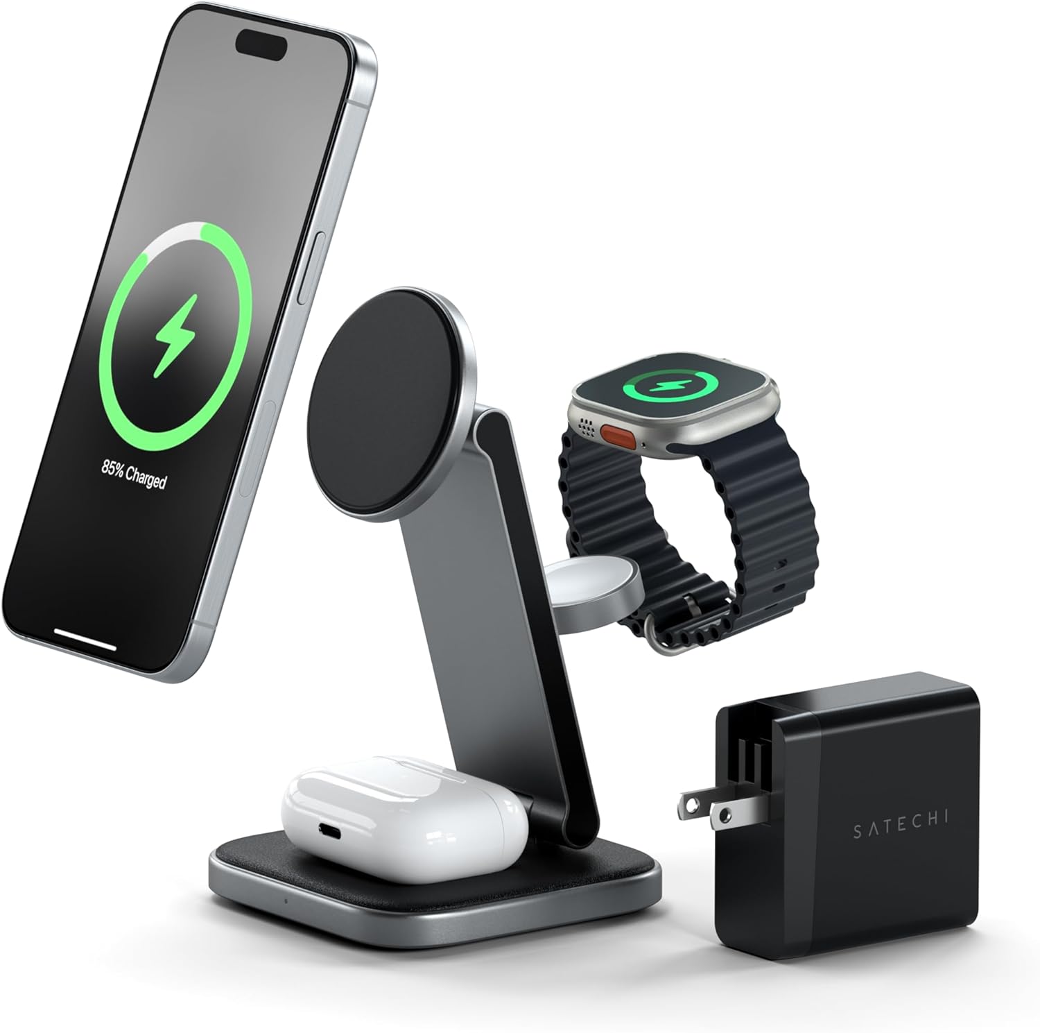 Satechi 3 in 1 Wireless Charging Station, Qi2 15W Magnetic, Foldable Travel Charger Station for iPhone 16/15/14/13/12, Apple Watch Series 8/7/SE/6/5/Ultra and AirPods Pro/3/2