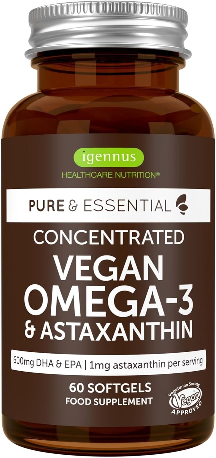 Igennus Vegan DHA & EPA Omega 3 1344mg Algae Oil & Astaxanthin Antioxidant, Lab Tested Pure & Sustainable, 60 Small Softgels, 400mg DHA & 200mg EPA, Easy-to-Swallow, 30 Servings