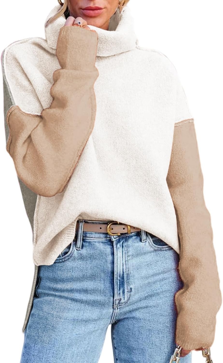 Dokotoo Womens Turtleneck Sweaters Casual Long Sleeve Color Block Side Slit Pullover Knit Jumper Tops
