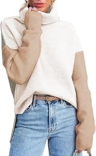 Dokotoo Womens Turtleneck Sweaters Casual Long Sleeve Color Block Side Slit Pullover Knit Jumper Tops