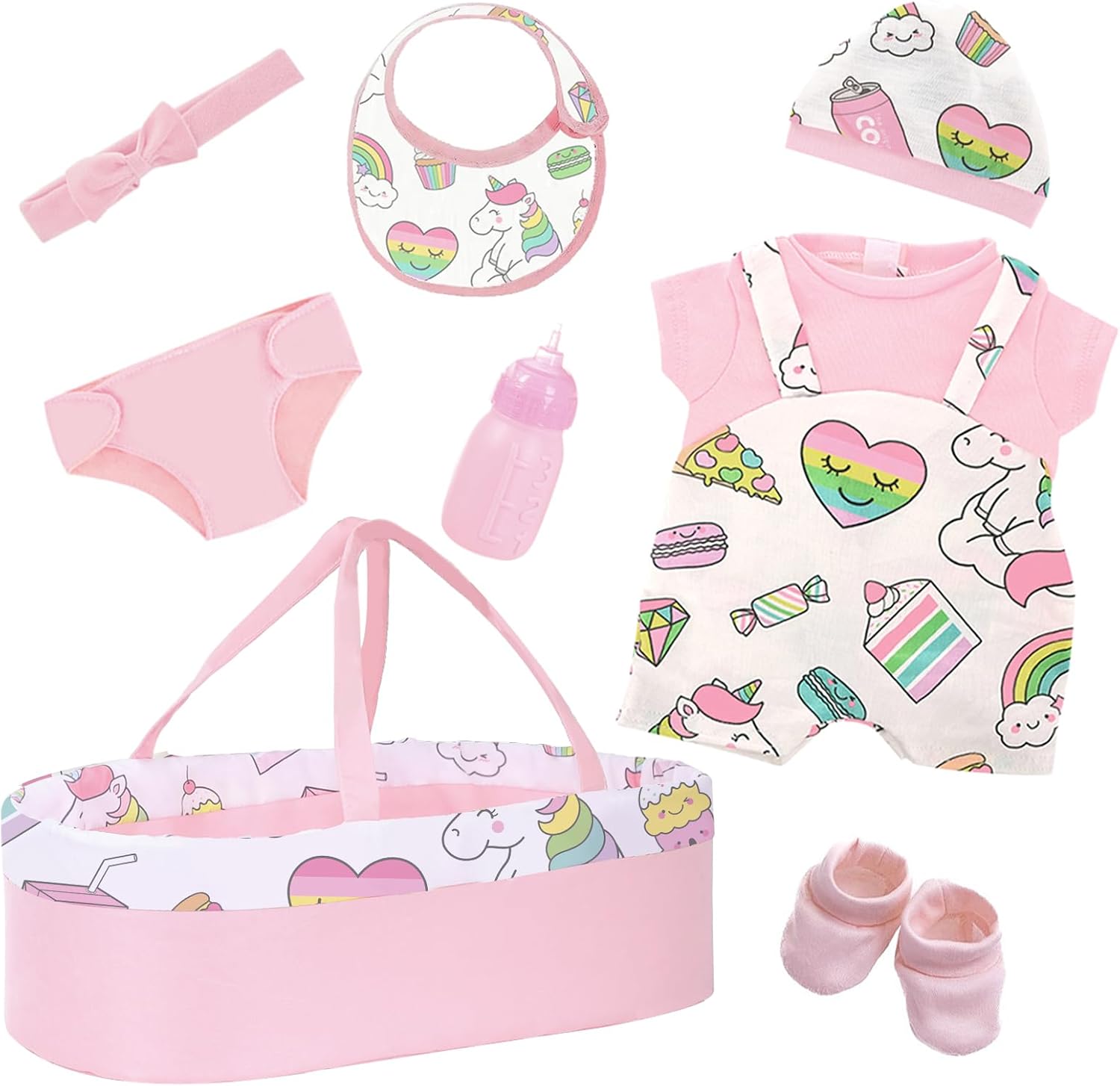 18-22 inch Baby Basket Creamy Pink Unicorn Rainbow 8 Piece Collection