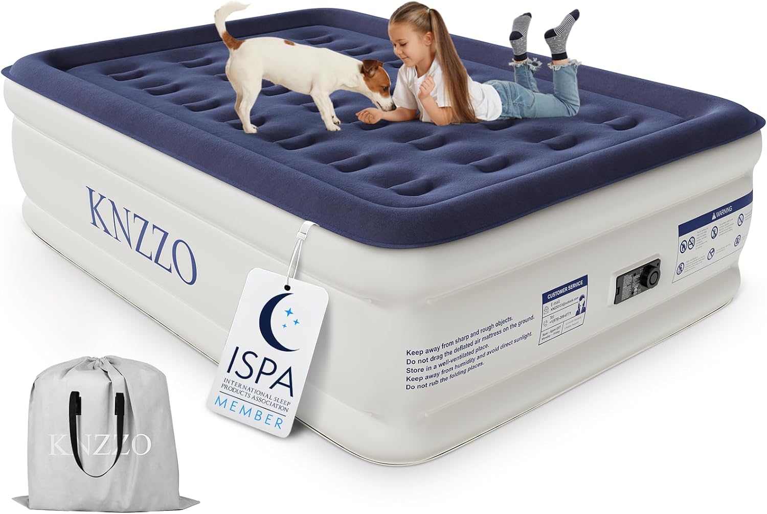 KNZZO Air Mattress Full with Built in Pump, Waterproof 18 in Air Bed, 660lb | ISPA Member Brand,Blow Up Mattress, Waterproof Flocked Top, 3 Mins Inflation, Home & Guest Use, 10 Year Manufacturer Support