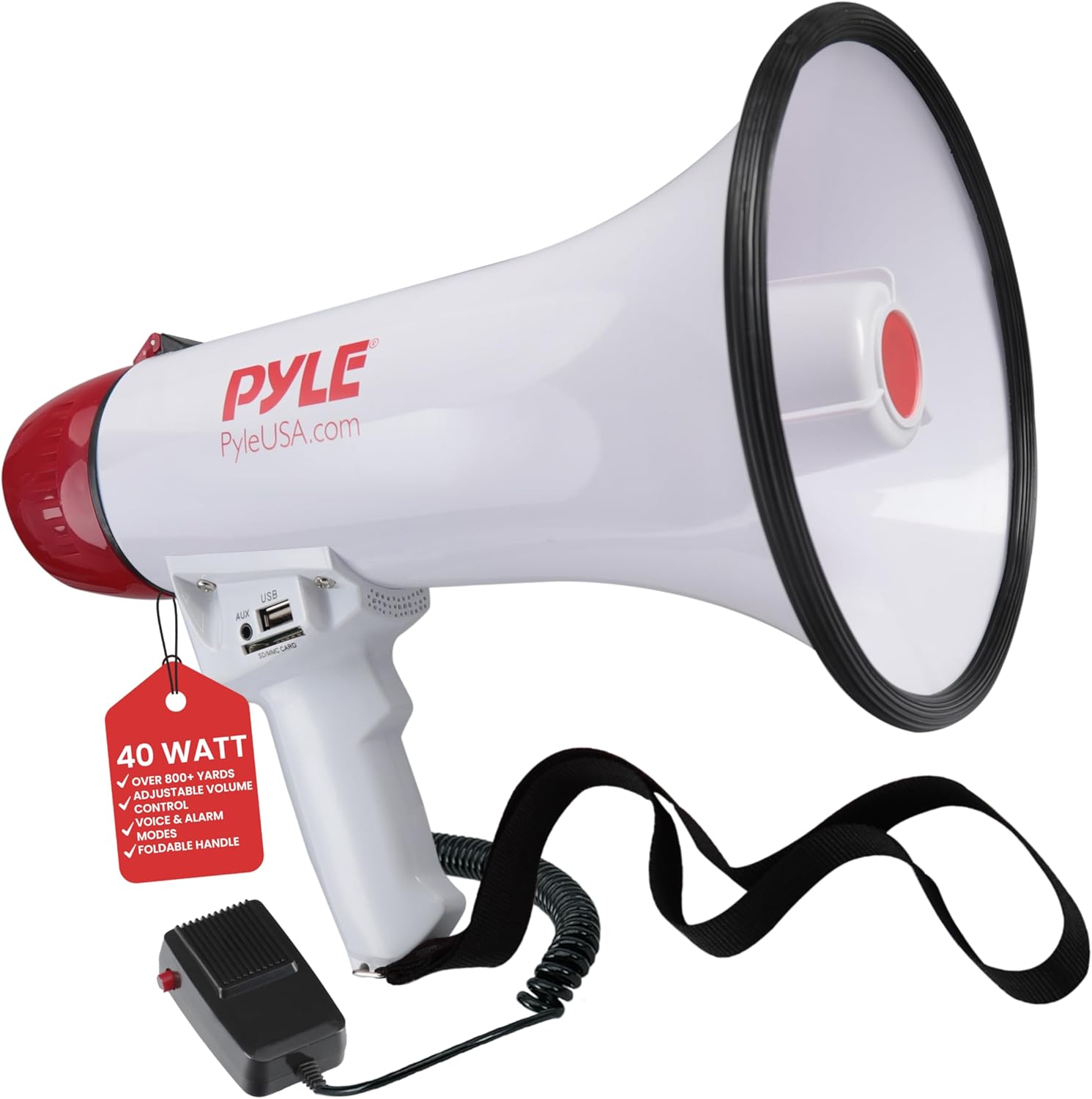 PYLE PMP42BT Bluetooth 40 W Outdoor Megaphone Bullhorn Speaker with AUX/USB/SD,White/Red
