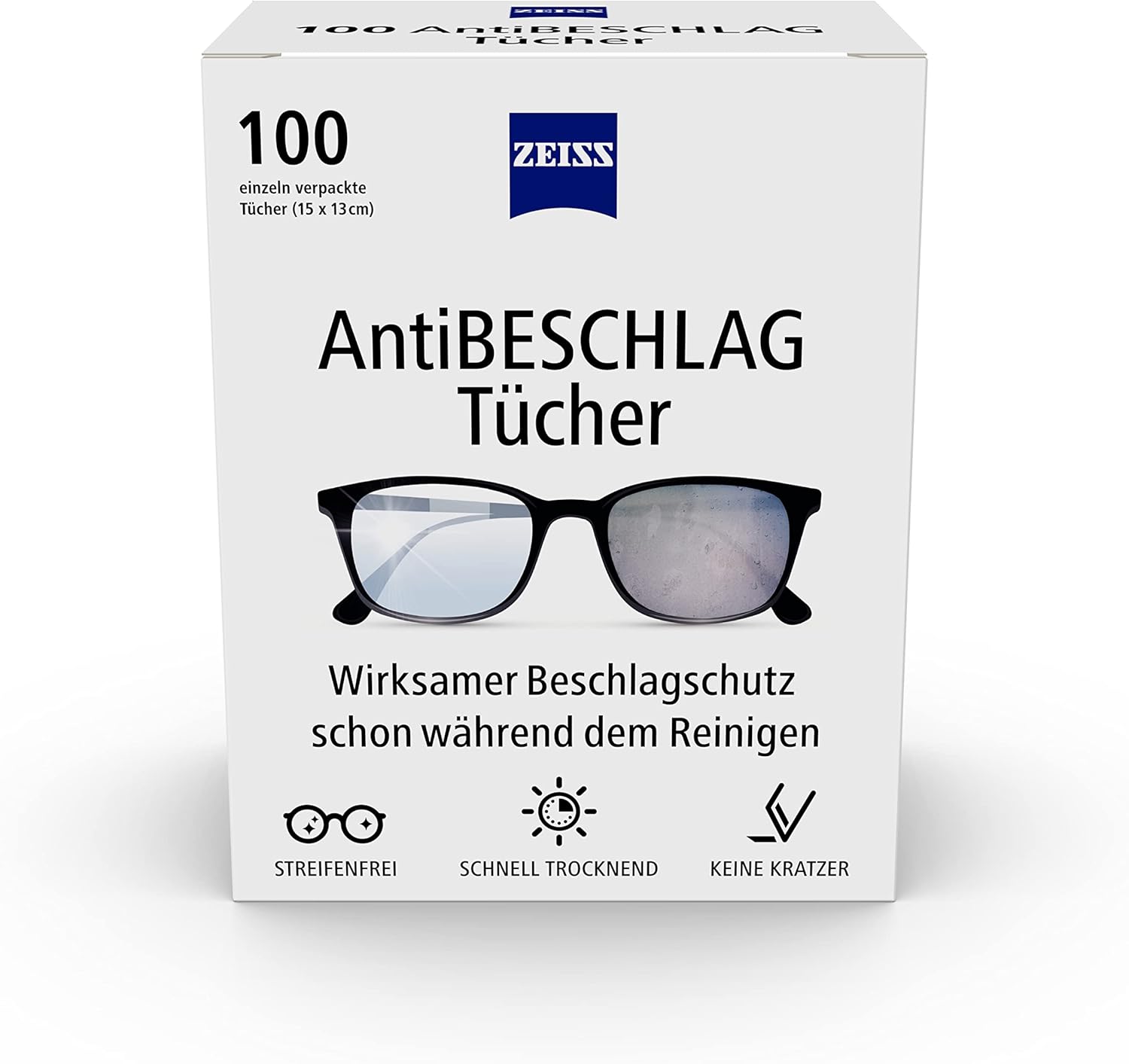 Zeiss Anti-Fog Cloths Pack of 100 for Long Lasting Anti-Fog Protection Even During Cleaning – Each Cloth Individually Packed – Ideal for Travel or Travel