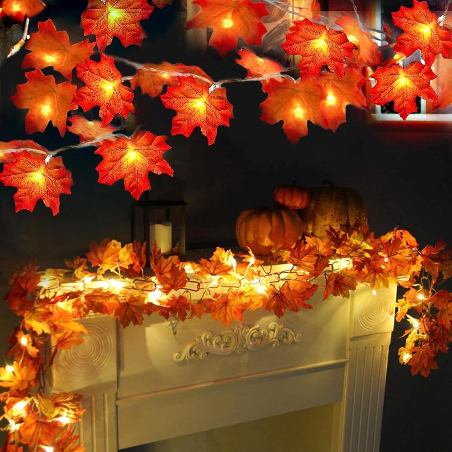 TURNMEON 2 Pack Fall Decor Enlarged Maples Leafed Halloween Fall Decorations for Home Fall Lights Thick Leafs Garlands, Total 20Ft 40LED Battery Operated Waterproof Thanksgiving Decor Indoor Outdoor