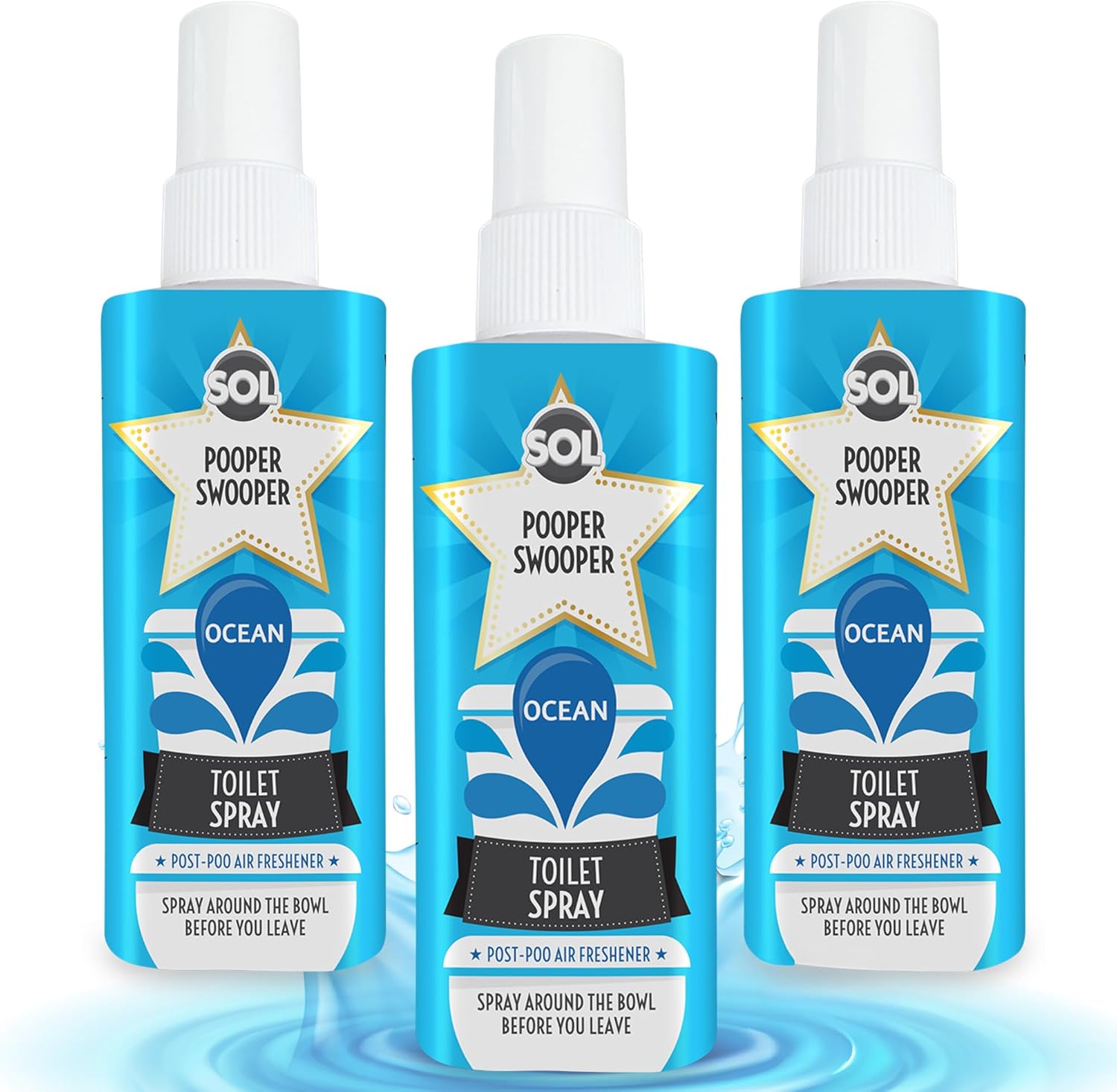 SOL 3pk x 60ml Pooper Swooper Toilet Spray Ocean Breeze Fragrance 1,000+ Sprays per Pack, Poop Air Freshener Refresher for Public Bathrooms, Home, Travel-Friendly Cleaning Solution for Poo Odours