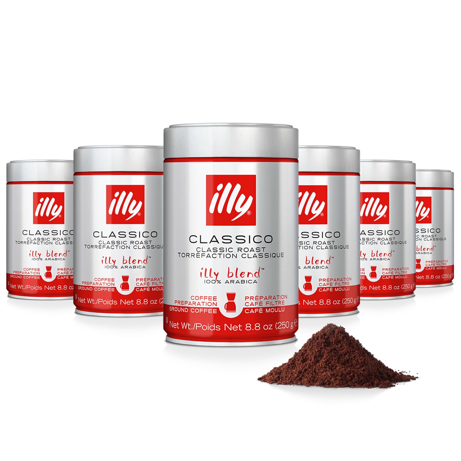 Illy Ground Drip Coffee - Classico Medium Roast - Mild & Balanced - 100% Arabica - Pre-Ground for Drip Pour Over - Pressurized Packaging Sealed for Freshness - 8.8oz (Pack of 6)