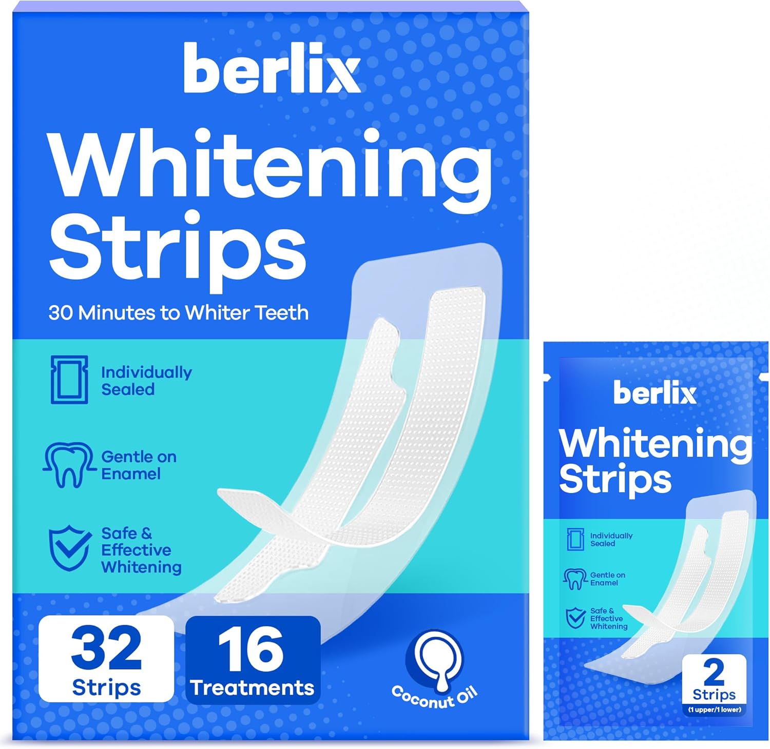 Berlix Teeth Whitening Strips (16 Treatments, 32 Count), Enamel Safe for Teeth Whitener, Whitening Strips with Coconut Oil, Formulated to Be Gentle & Non Slip and Quick-Dry, Stains Removal