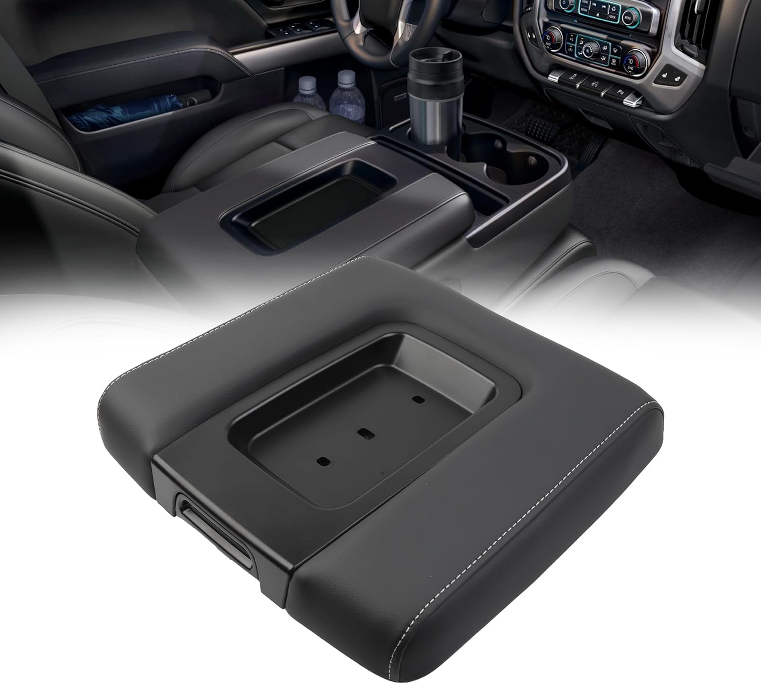 Dasbecan Front Seat Center Console Armrest Lid Compatible with 2014-2018 Chevy(Chevrolet) Silverado/GMC Sierra 1500 2500HD 3500HD Storage Compartment Lid Black Replace# 22881398