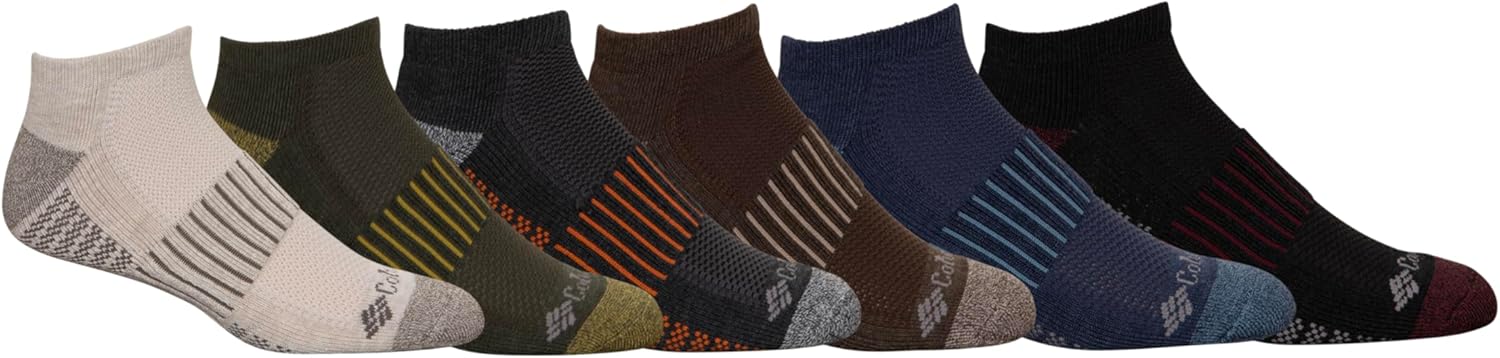 Columbia Men's Athletic No Show Socks 6 Pairs, Khaki/Olive/Grey/Brown/Navy/Black, Sock Size 10-13