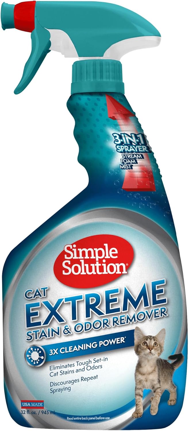 Simple Solution Extreme Cat Stain Eliminator for Strong Odor, Pet Odor Eliminator for Home, Stain Remover for Cats, Floor Cleaner, Urine Destroyer, Carpet Cleaner Spray, 32oz